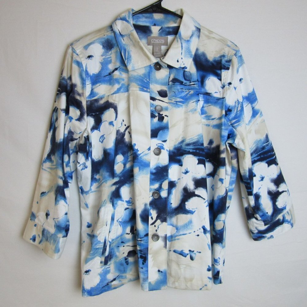 Chico's Jacket Blue Floral Watercolor Button Up Collared 3/4 Sleeves Women's 12